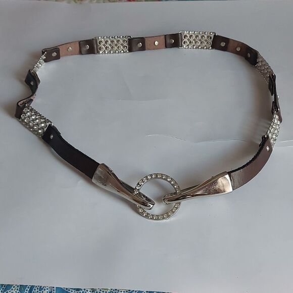 Accessories - Size 38 Genuine Brown Leather and Rhinestone Paved Silver Tone Panel Linked Belt